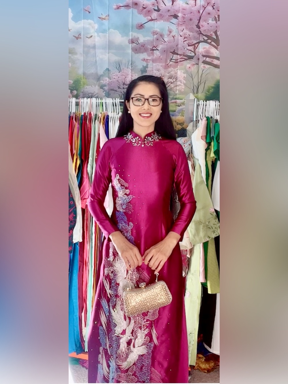 Ao dai Valentino, Vietnamese women’s traditional long dress set m magenta 2 new